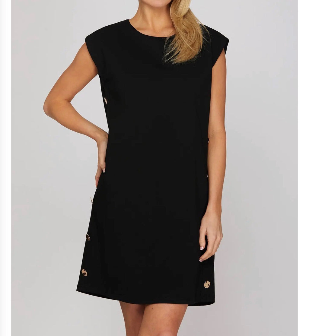 Sleeveless Buttoned Knit Mini Dress with Pockets