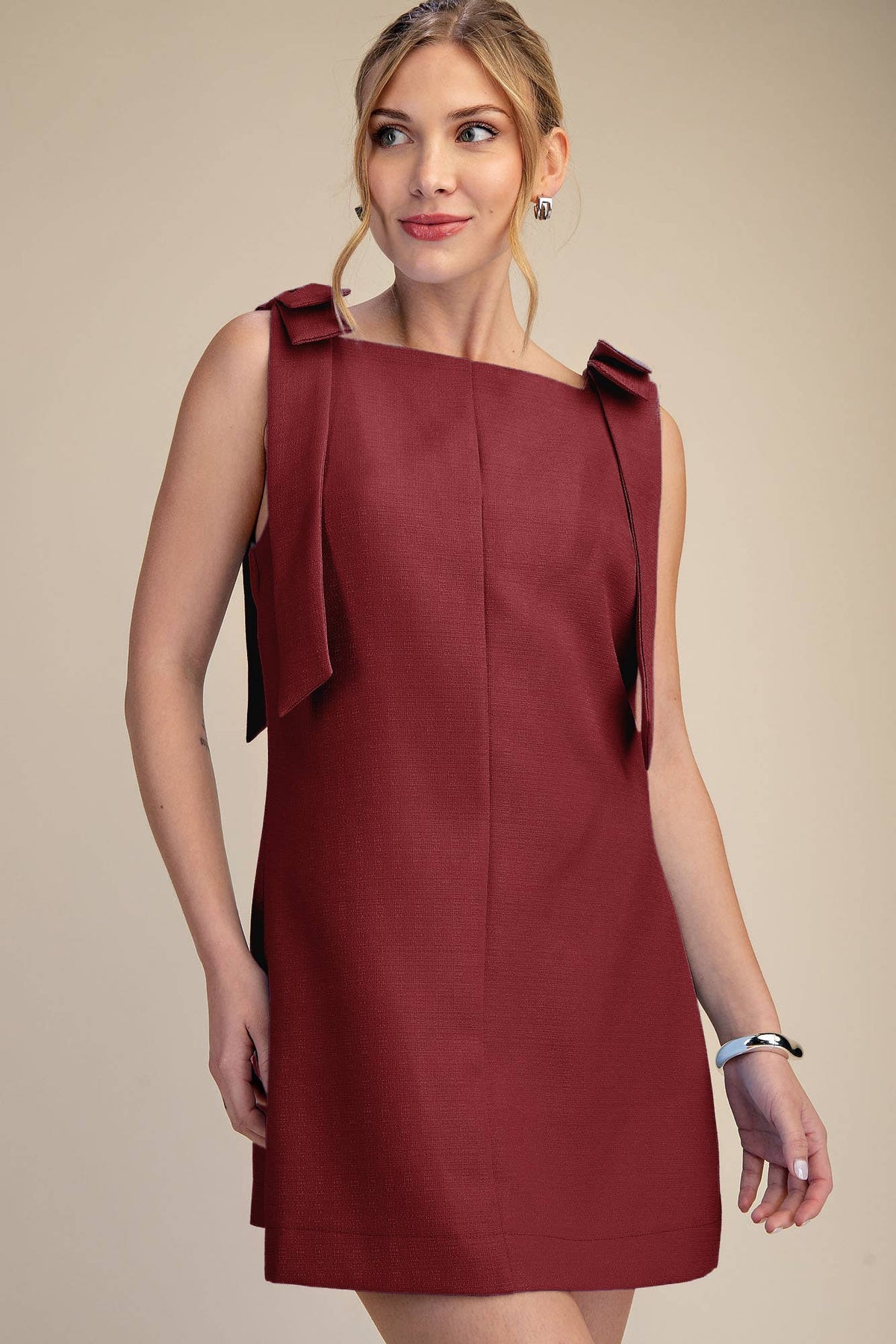 Bow Sleeveless Textured Mini Dress