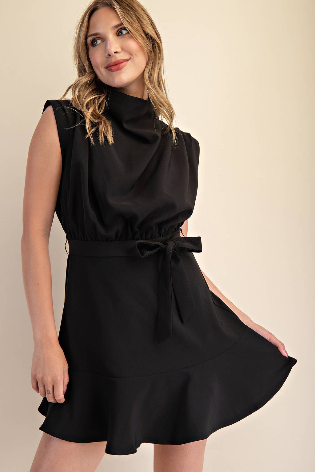 Cowl Neck Sleeveless Waist Tie Fall Mini Dress