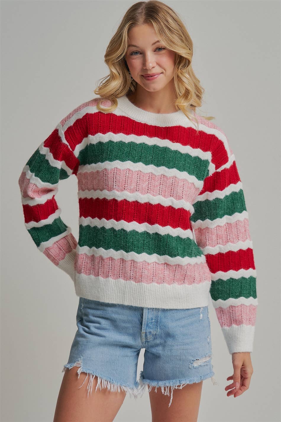 HOLIDAY CHRISTMAS  TEXTURED STRIPE SWEATER TOP_JLT00341-01