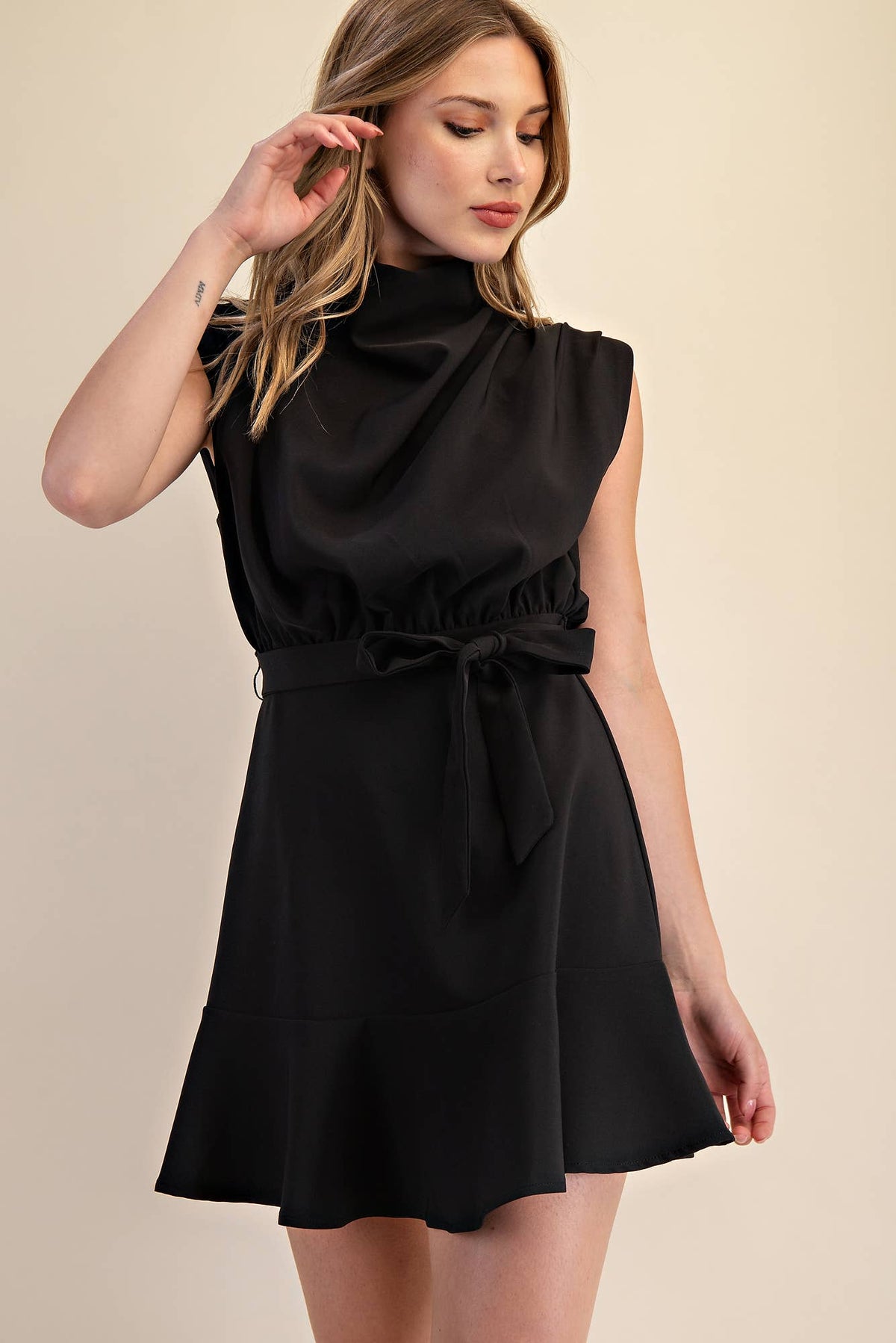 Cowl Neck Sleeveless Waist Tie Fall Mini Dress