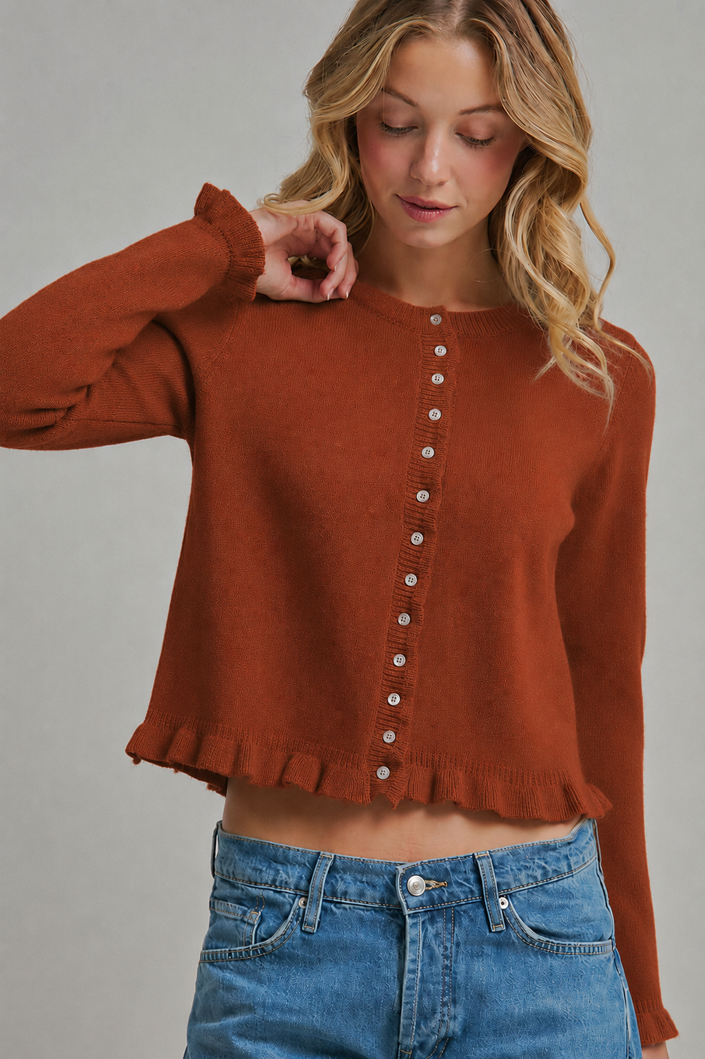CASUAL CLASSIC BUTTON DOWN RUFFLED CARDIGAN_JLT00436-01