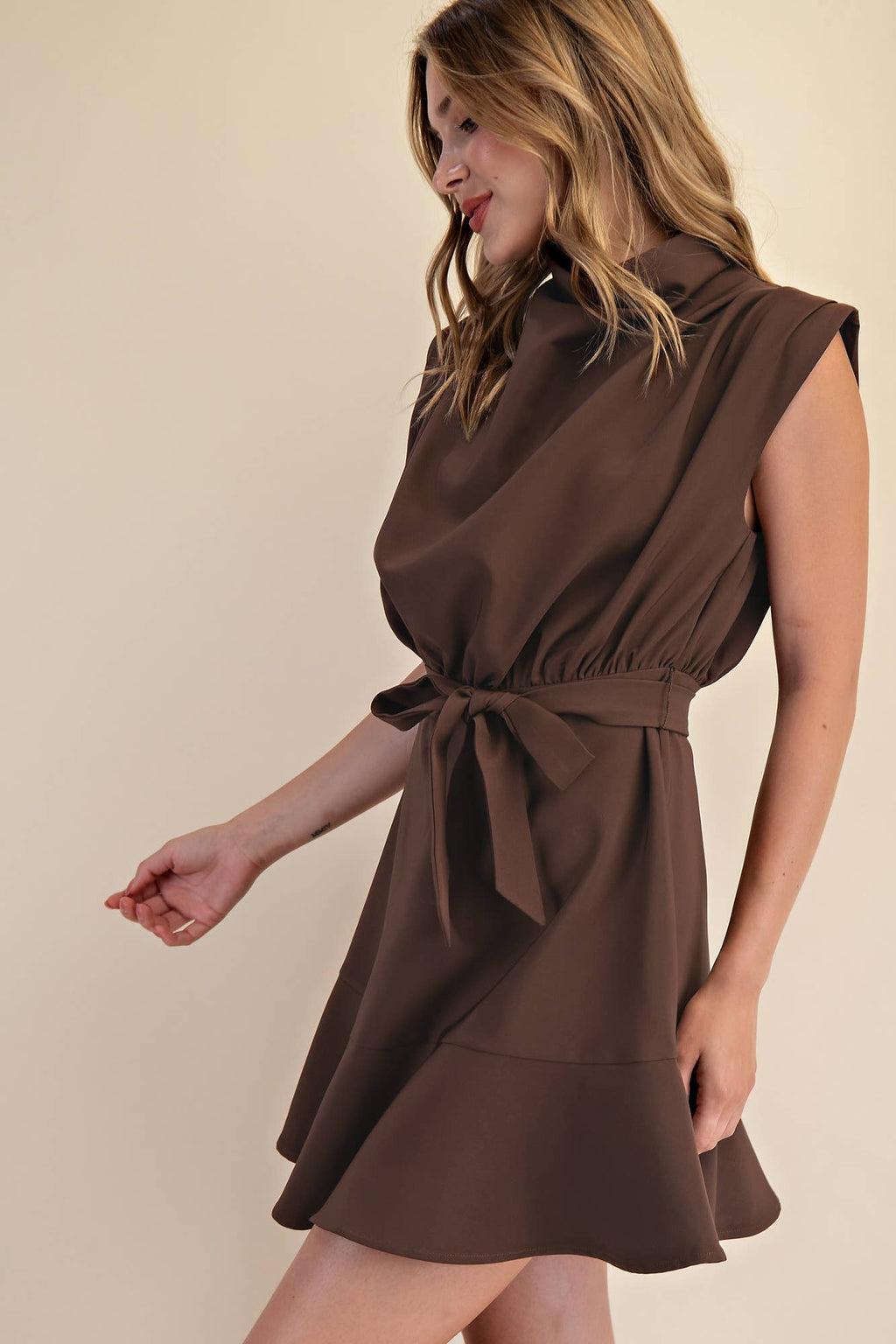 Cowl Neck Sleeveless Waist Tie Fall Mini Dress