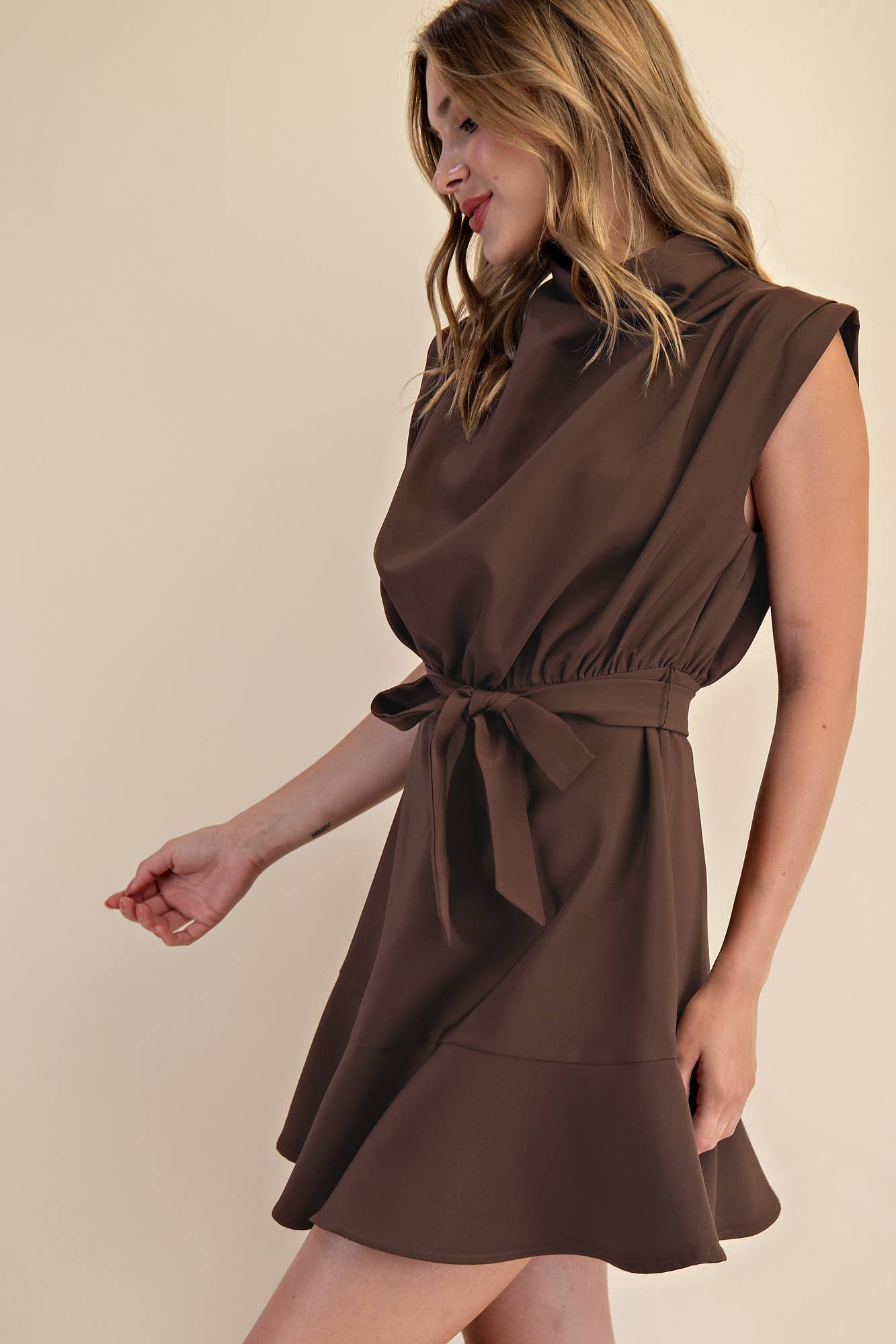 Cowl Neck Sleeveless Waist Tie Fall Mini Dress