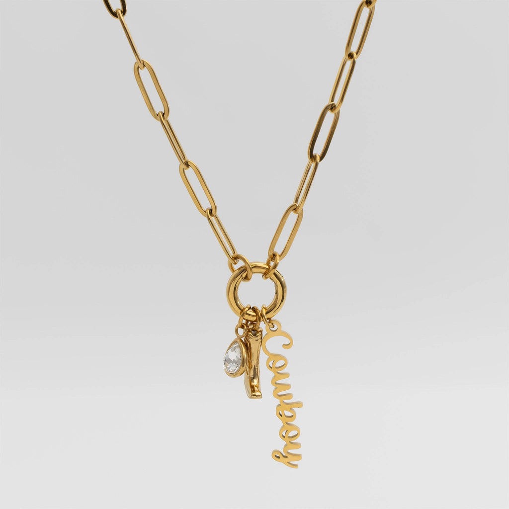 Gold Stainless Steel Cowboy Charm Holder Necklace Gift Set