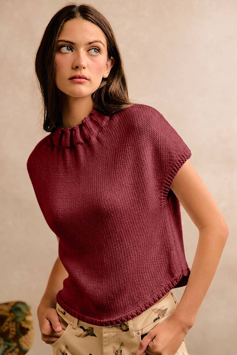 HIGH NECK CAP SLEEVE KNIT VEST