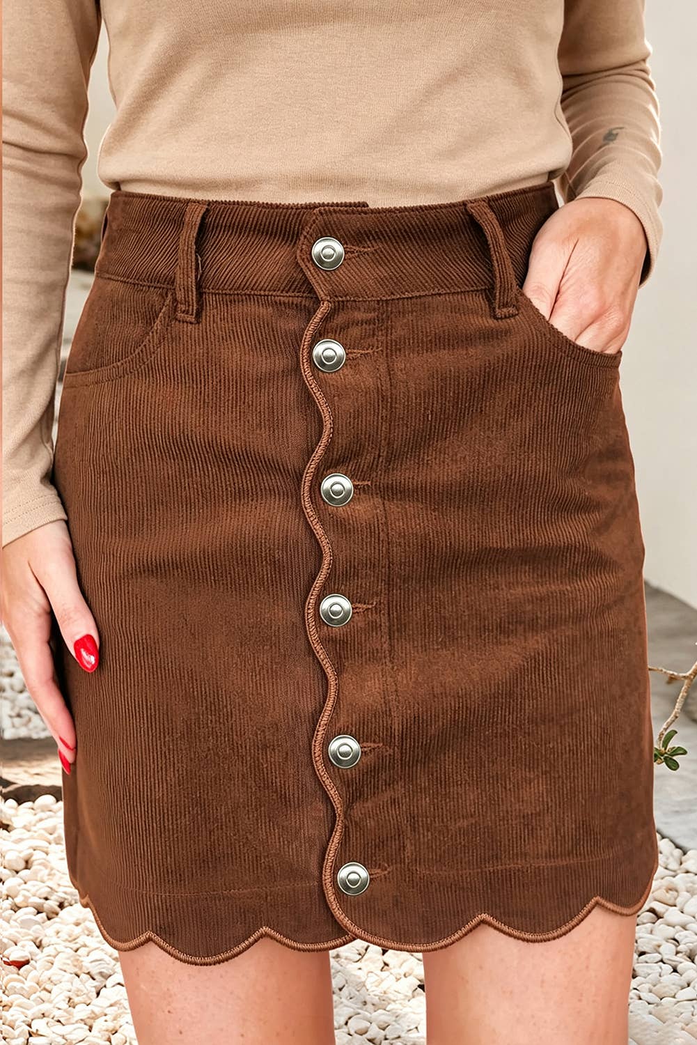 Button Front Corduroy Mini Pockets Sheath Silhouette Skirt