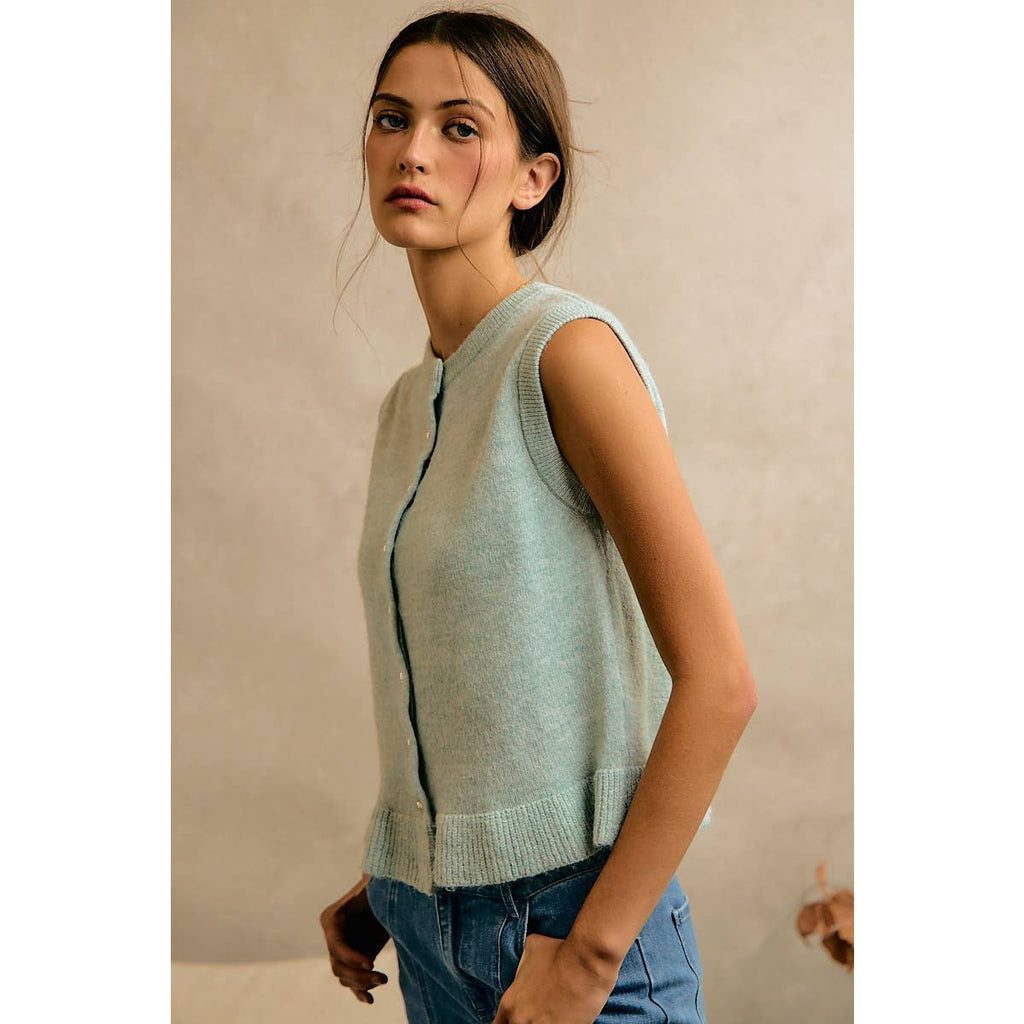 BUTTON FRONT RUFFLE TRIM HEM KNIT VEST