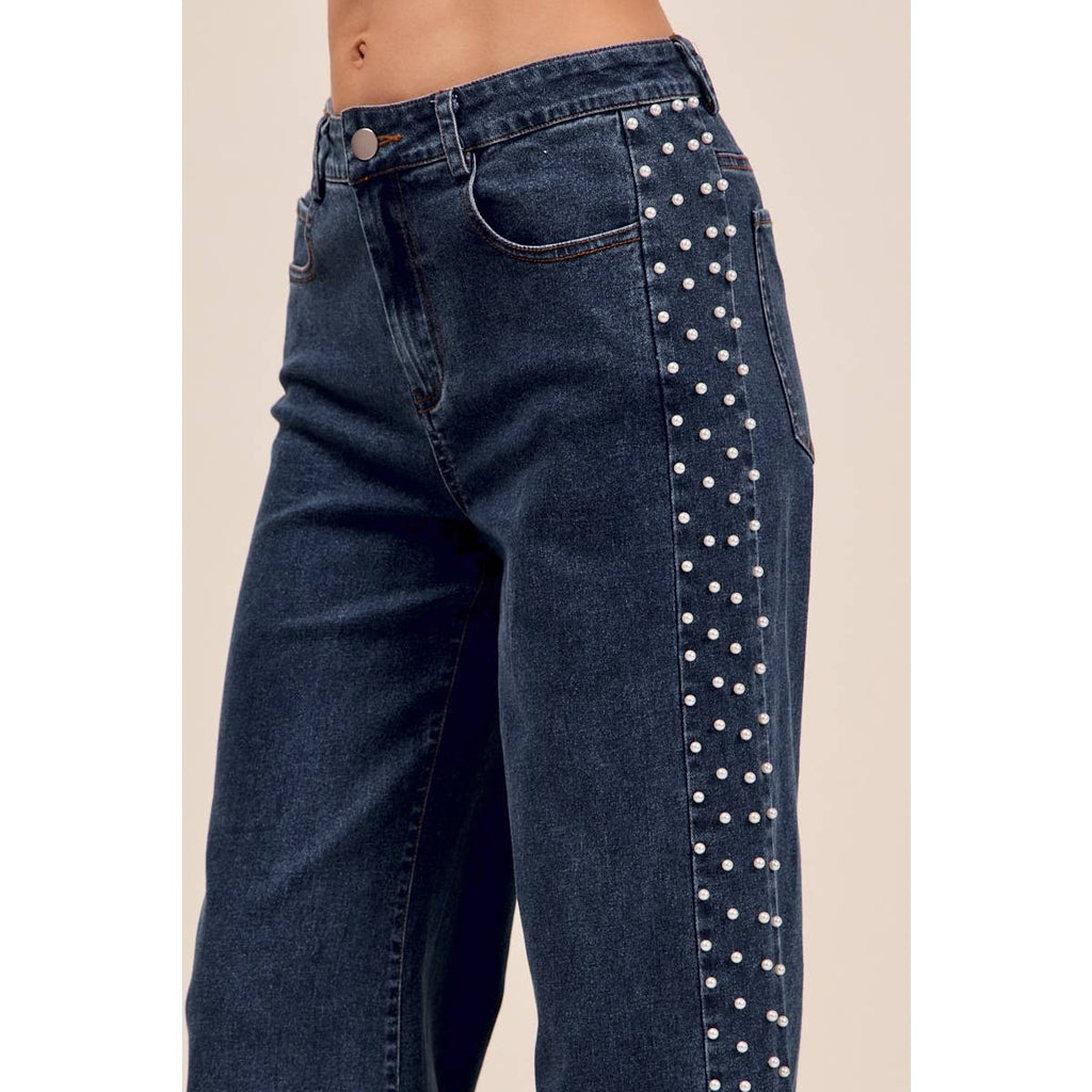 MID RISE FLARE BOTTOM DENIM JEANS WITH SIDE PEARL