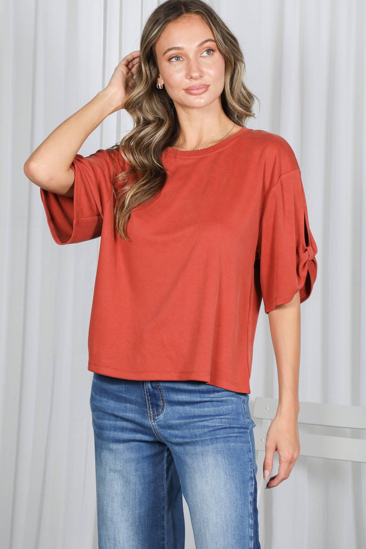 Tie Accent Sleeve Soft Casual T-Shirt Top VT82907