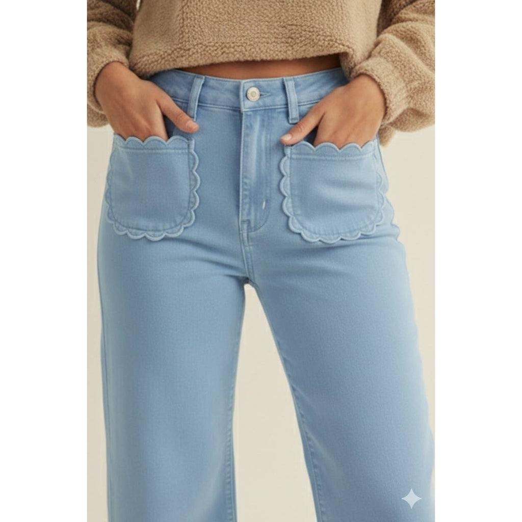 Stretch Mid Rise Scallop Poket Wide Leg Pants