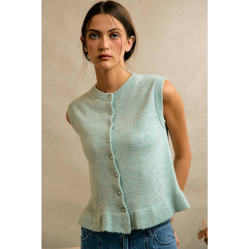 BUTTON FRONT RUFFLE TRIM HEM KNIT VEST