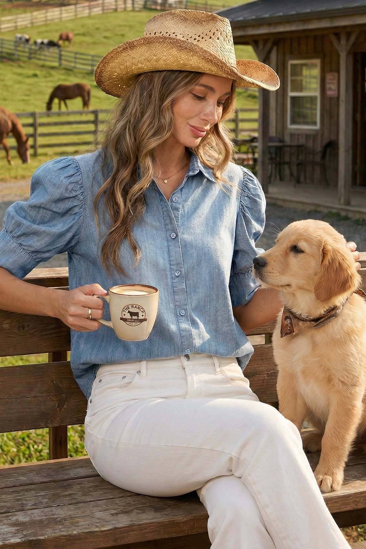 Collared Puff-Sleeve 100%Tencel Chambray Denim