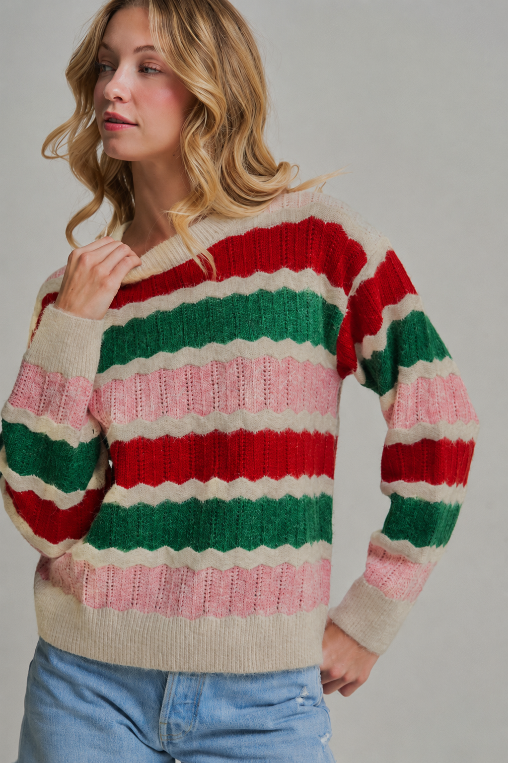 HOLIDAY CHRISTMAS  TEXTURED STRIPE SWEATER TOP_JLT00341-01