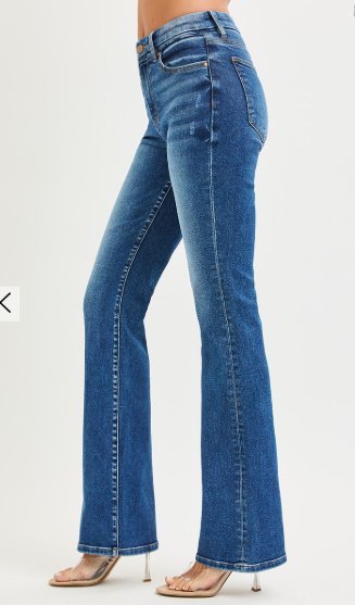 HIGH RISE BOOTCUT JEANS WITH DISTRESSED DETAILS