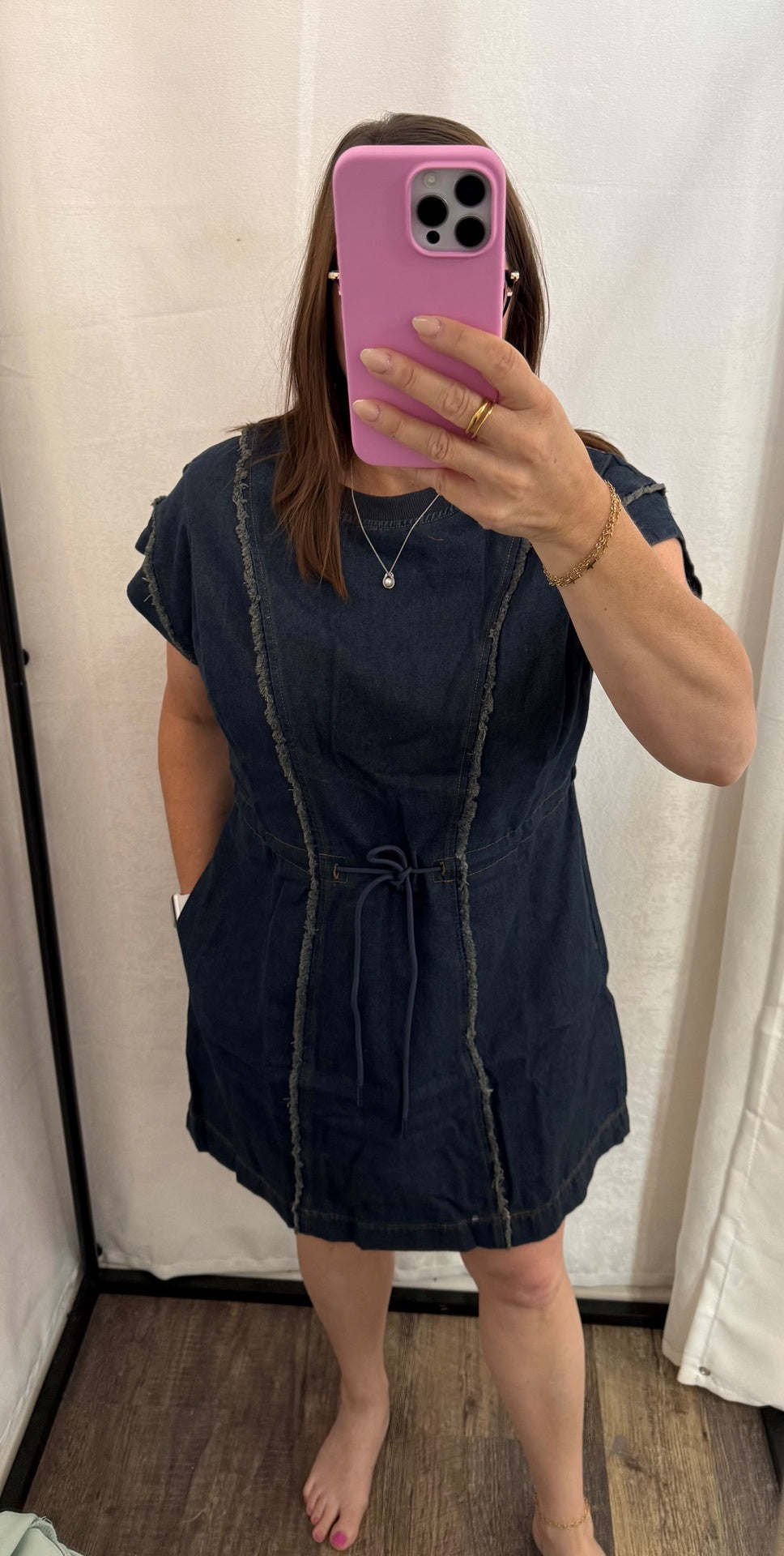 Pleated Short Sleeve Dress ADJ Drawstring