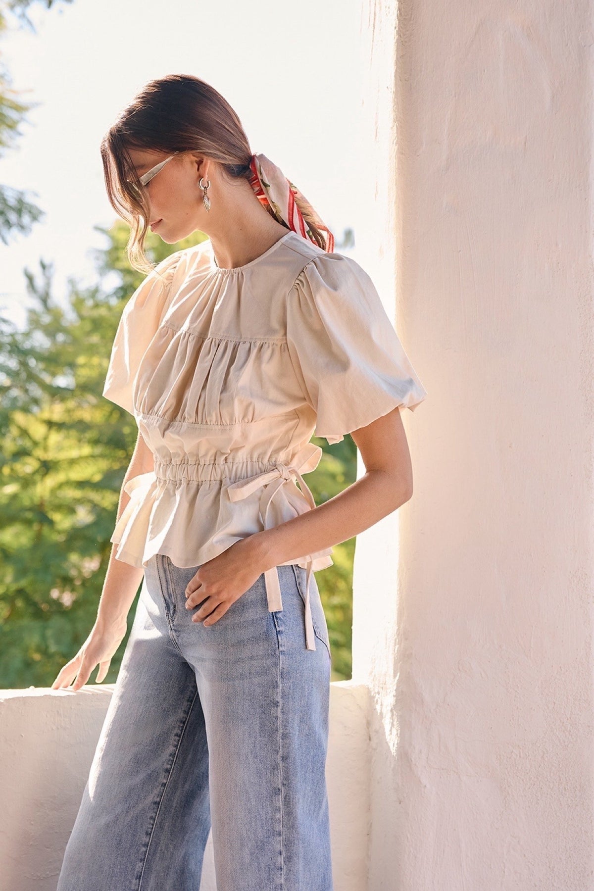 Puff Sleeve Peplum Hem Cotton Blouse