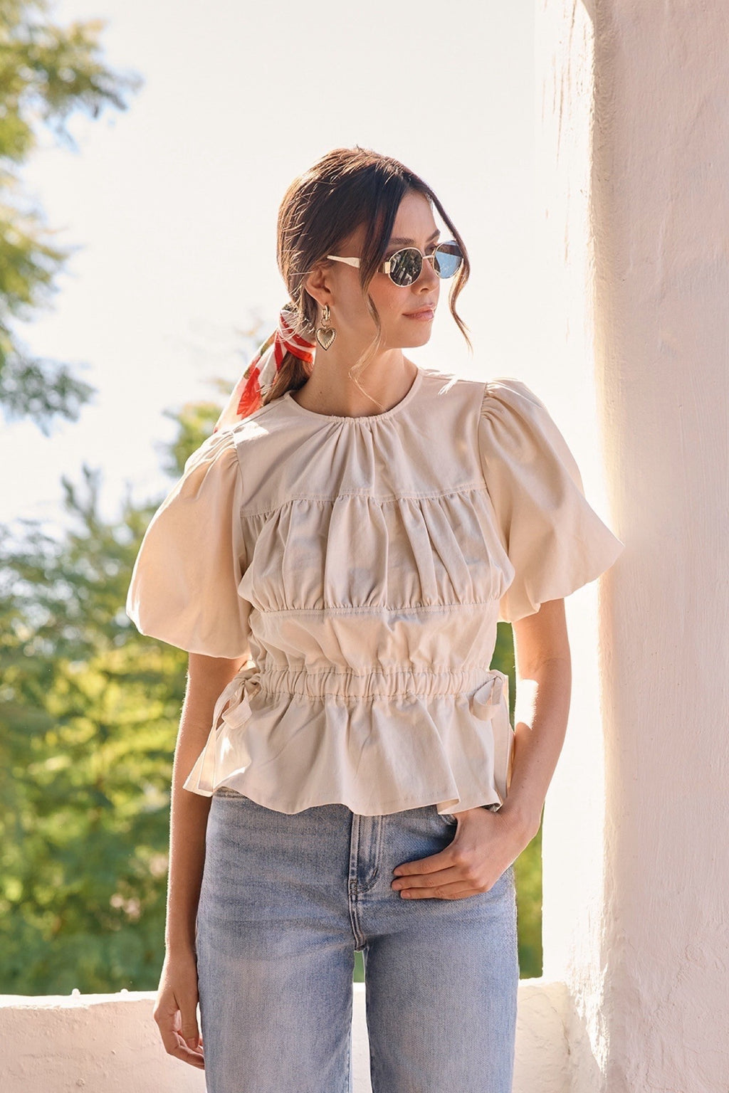 Puff Sleeve Peplum Hem Cotton Blouse