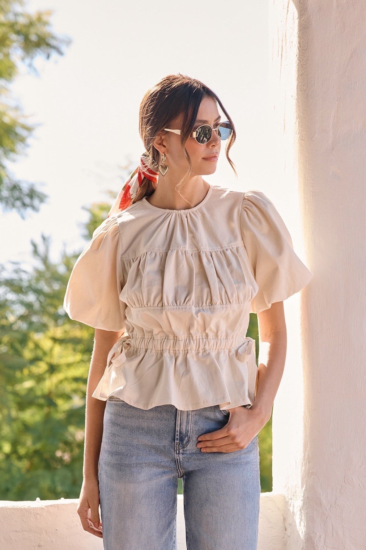 Puff Sleeve Peplum Hem Cotton Blouse