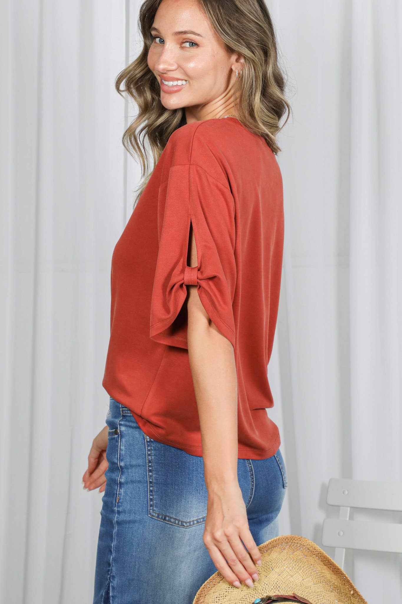 Tie Accent Sleeve Soft Casual T-Shirt Top VT82907
