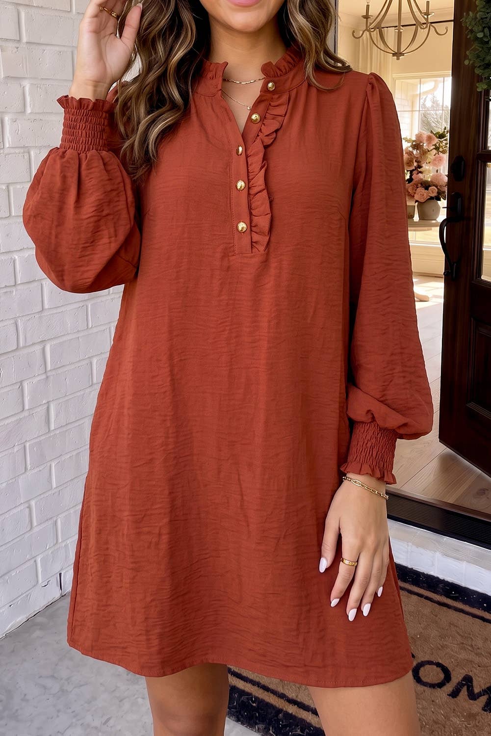 LAS Solid Ruffle Trim Bubble Sleeve Shift Mini Dress (S-XL)