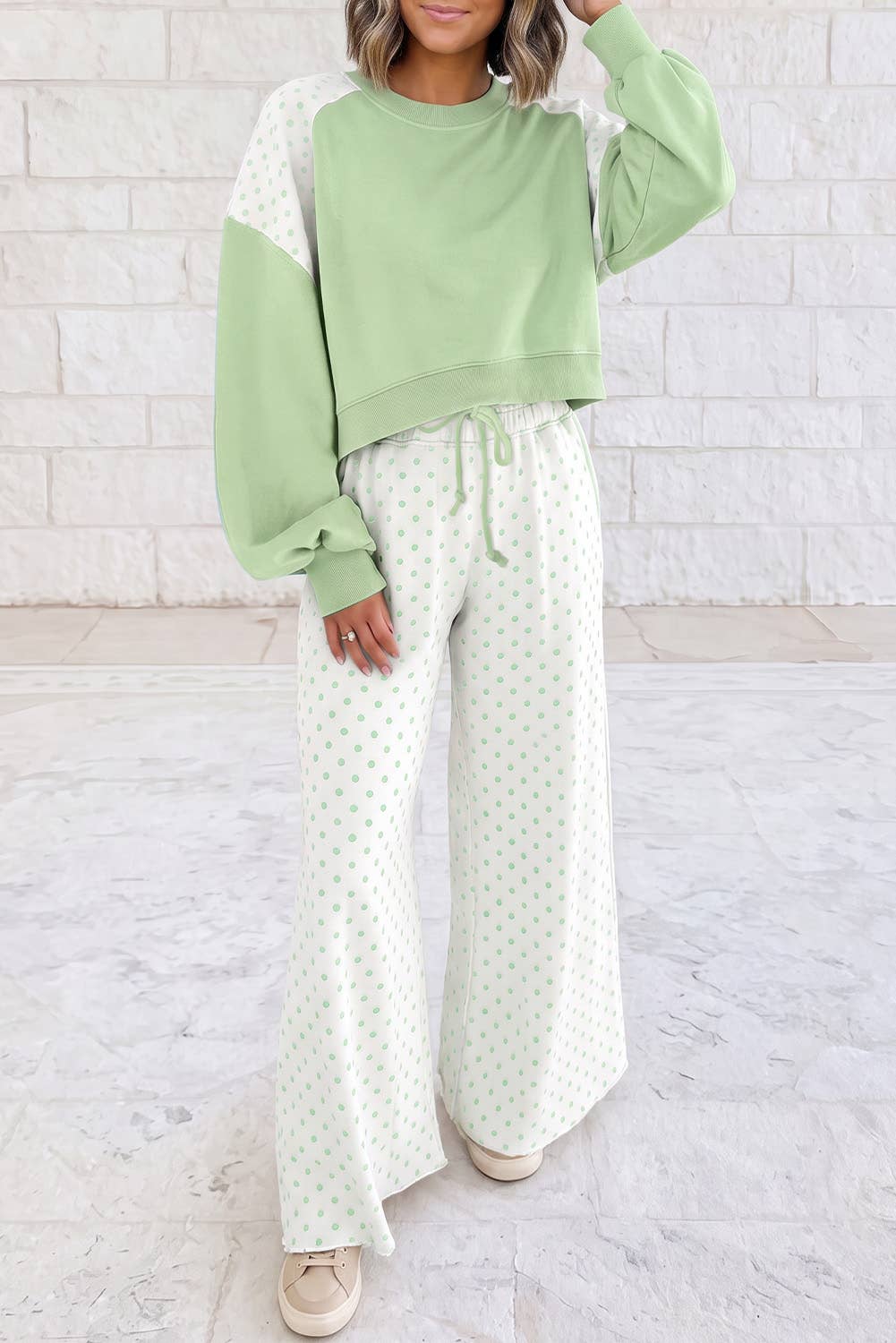 Polka Dot Patchwork Long Sleeve Casual Two Piece Set S-4X