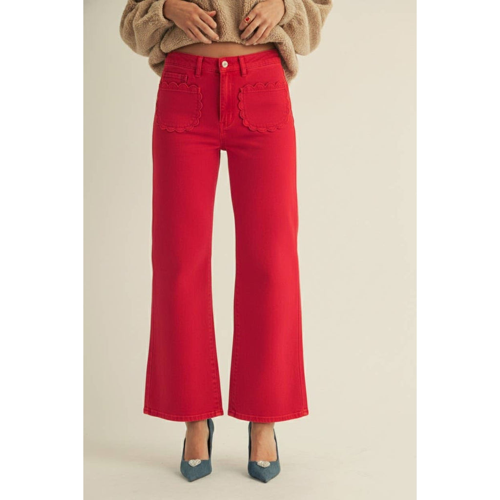 Stretch Mid Rise Scallop Poket Wide Leg Pants