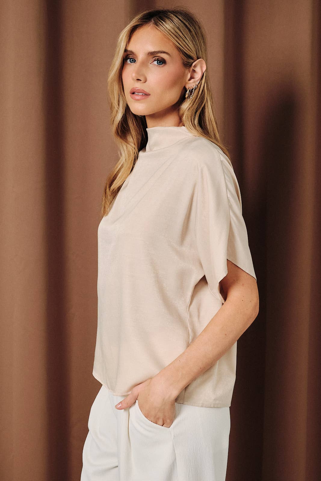 Mock Neck Short Sleeve Satin Blouse