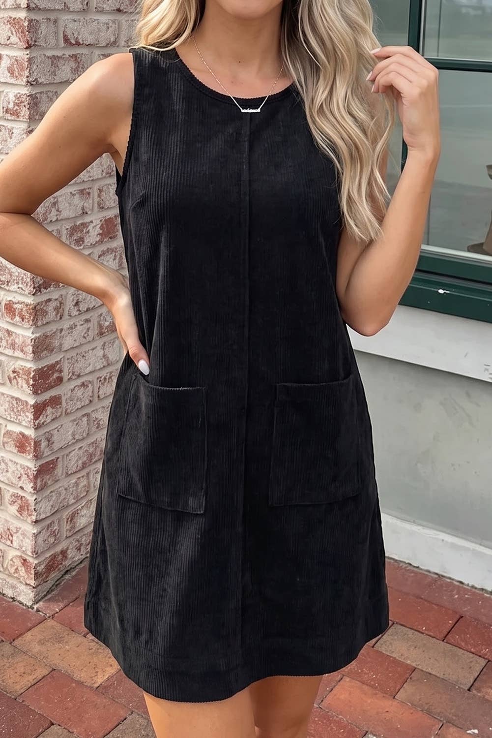Corduroy Sleeveless Mini Dress With Patched Pockets (S-4X)