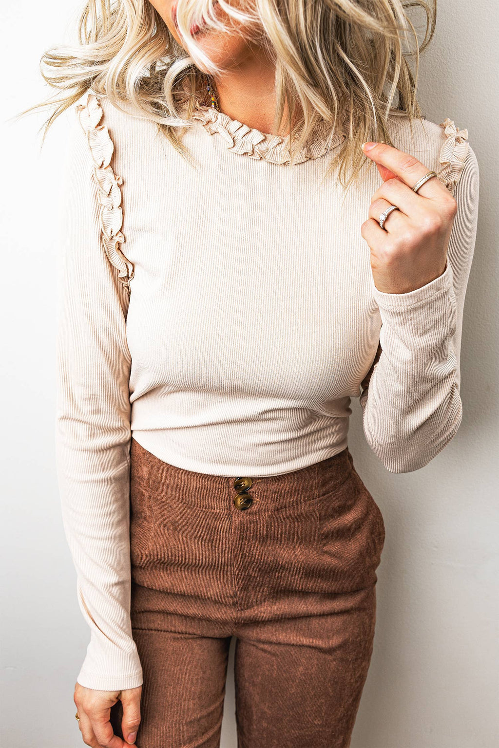 LDC Solid Color Round Neck Frill Detail Long Sleeve Top
