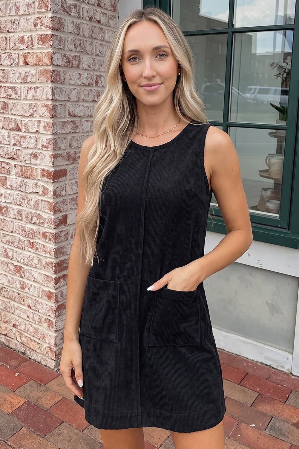 Corduroy Sleeveless Mini Dress With Patched Pockets (S-4X)