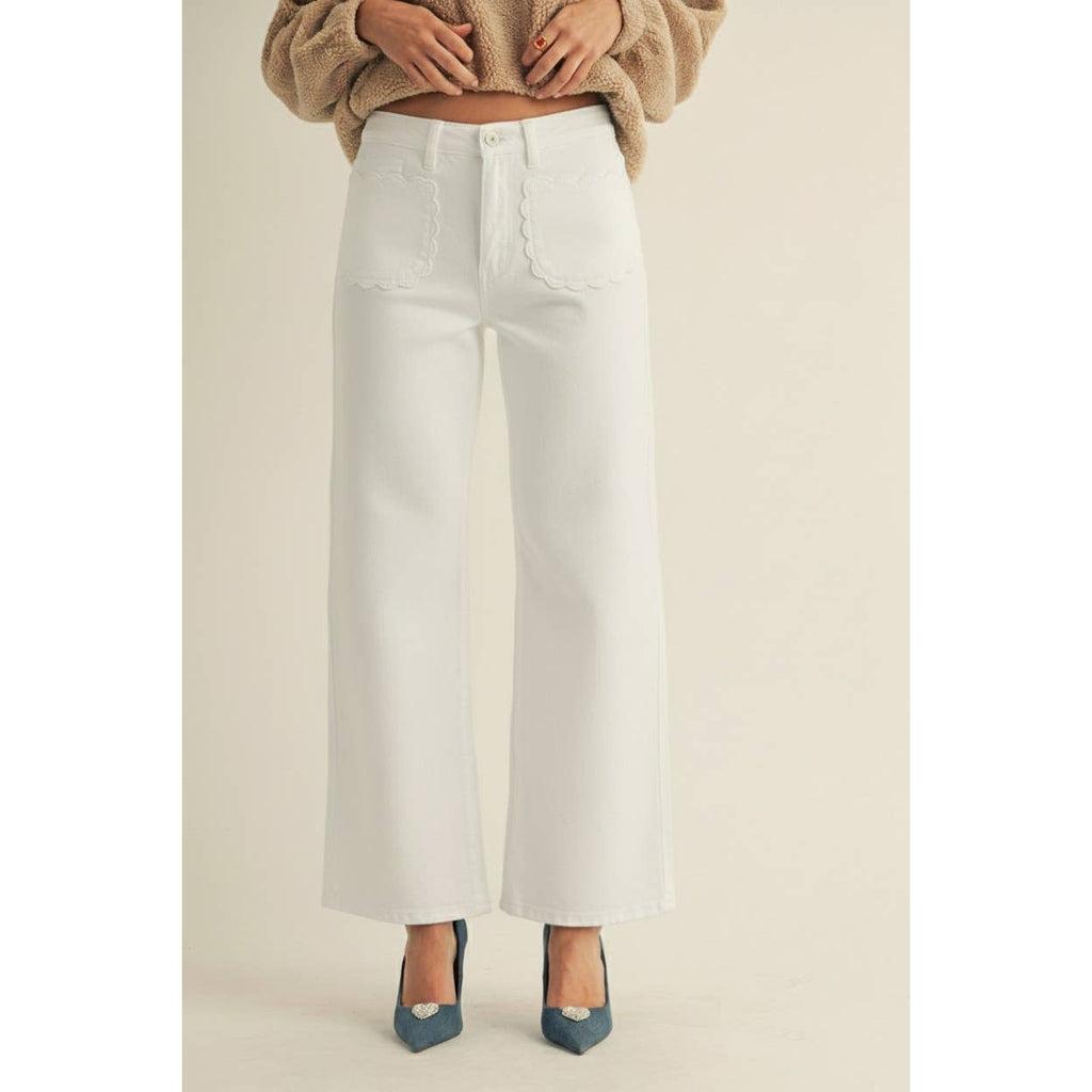 Stretch Mid Rise Scallop Poket Wide Leg Pants