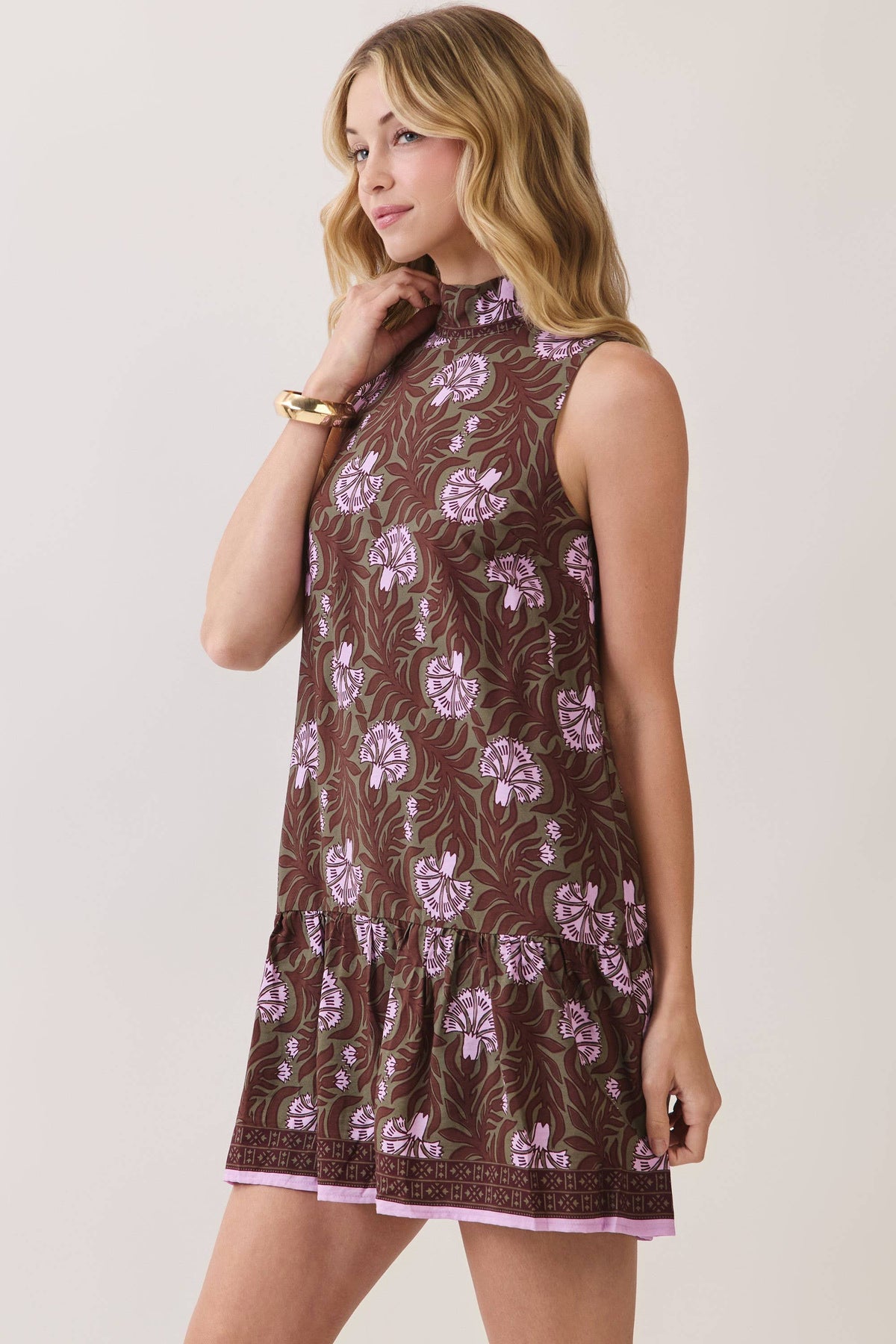 CD07412-Floral Mock Neck Shift Mini Dress
