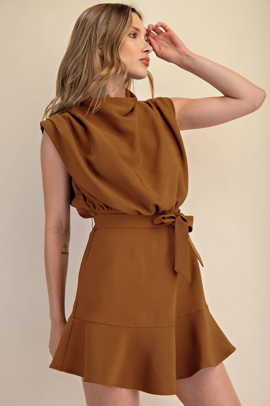 Cowl Neck Sleeveless Waist Tie Fall Mini Dress