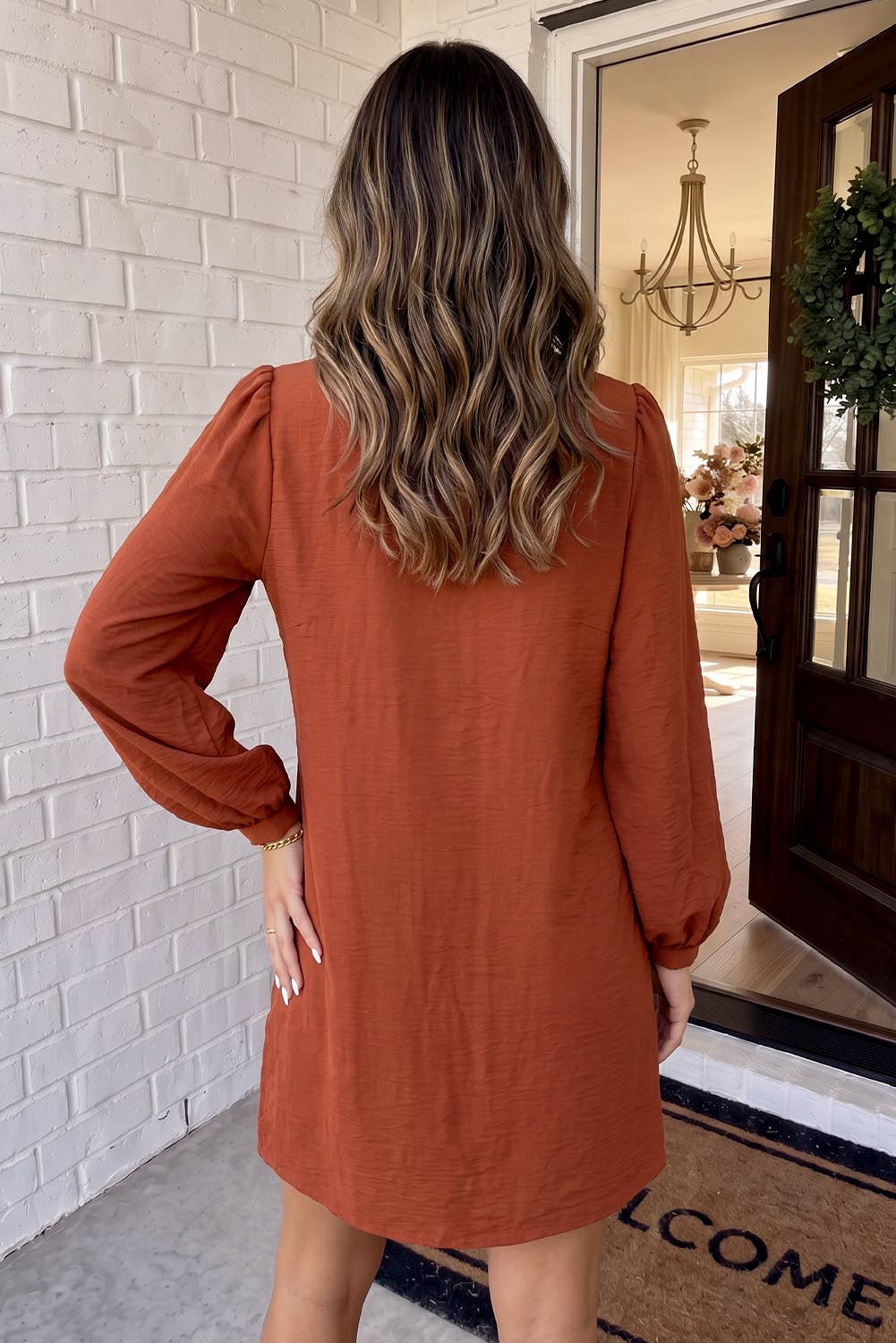 LAS Solid Ruffle Trim Bubble Sleeve Shift Mini Dress (S-XL)