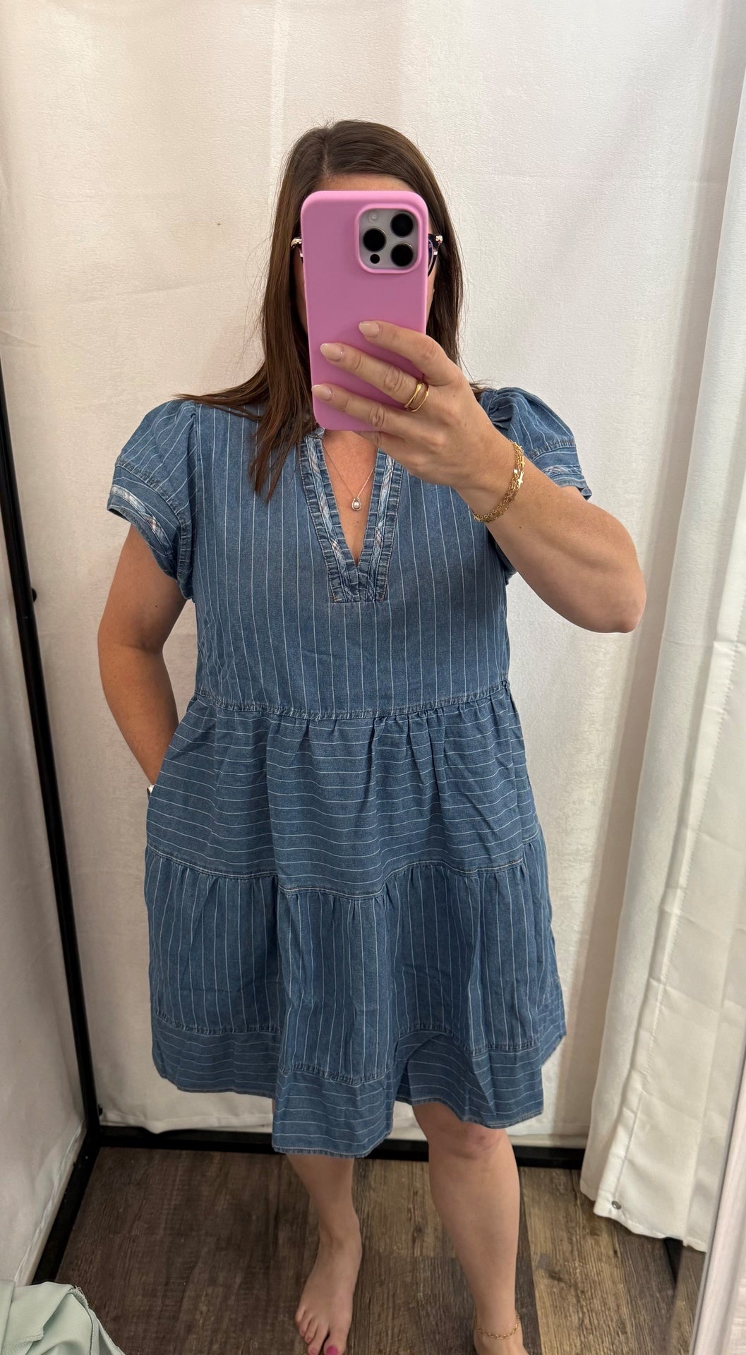 Flutter V Neck Dress with Binding Details and Pockets
