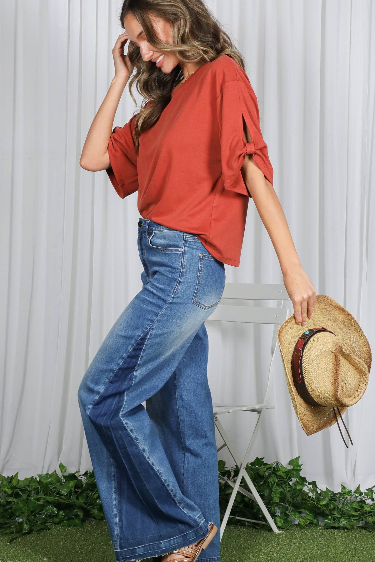 Tie Accent Sleeve Soft Casual T-Shirt Top VT82907