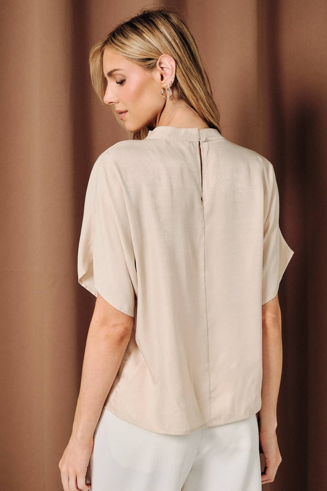 Mock Neck Short Sleeve Satin Blouse