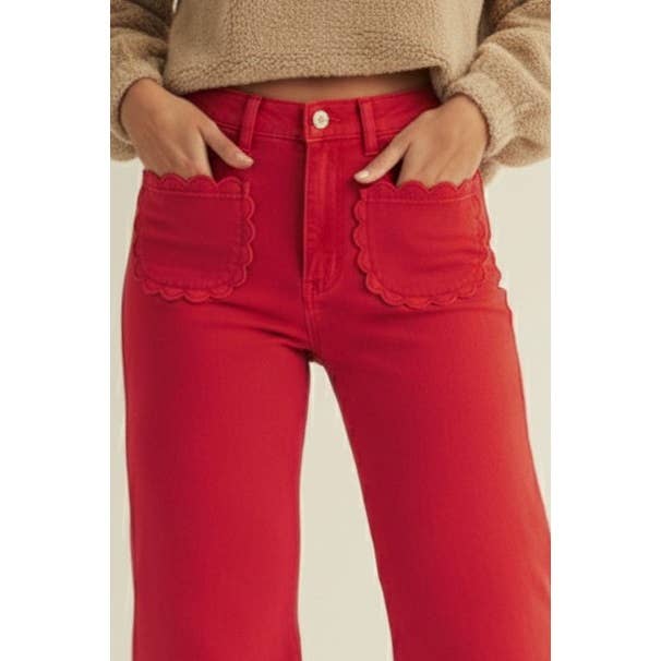 Stretch Mid Rise Scallop Poket Wide Leg Pants