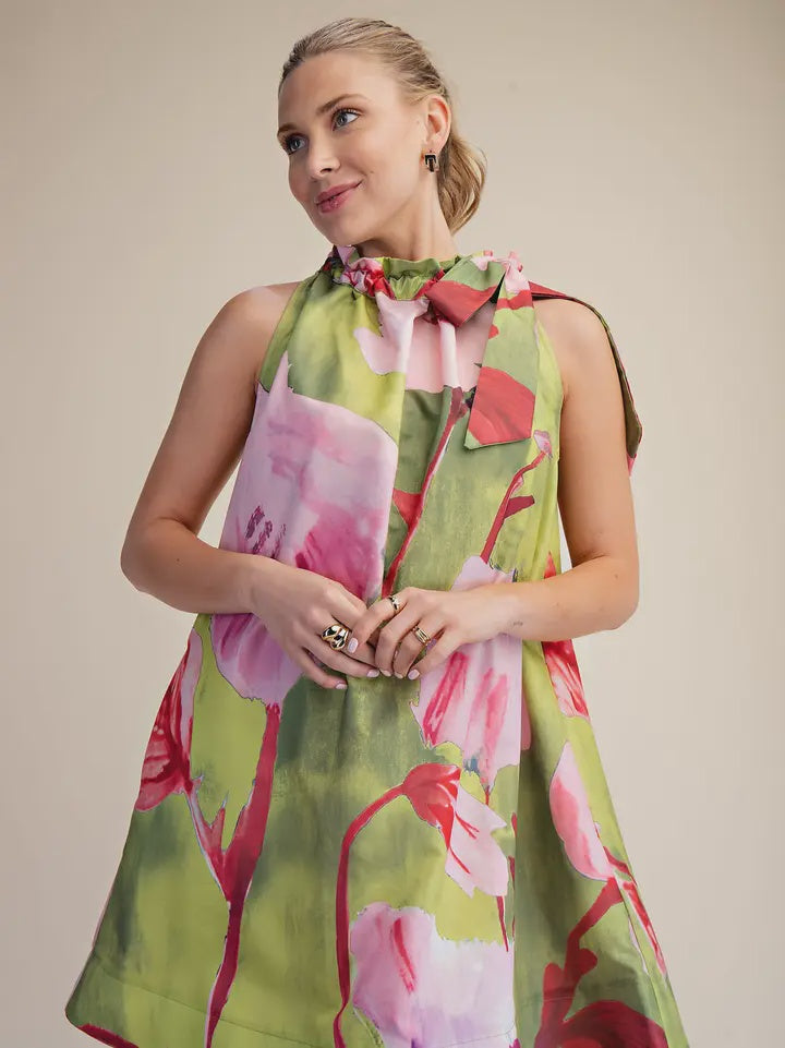 Ruffle Neck Tie Sleeveless Floral Print Mini Dress
