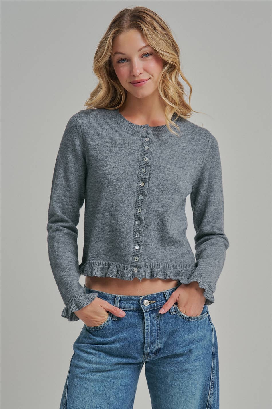 CASUAL CLASSIC BUTTON DOWN RUFFLED CARDIGAN_JLT00436-01