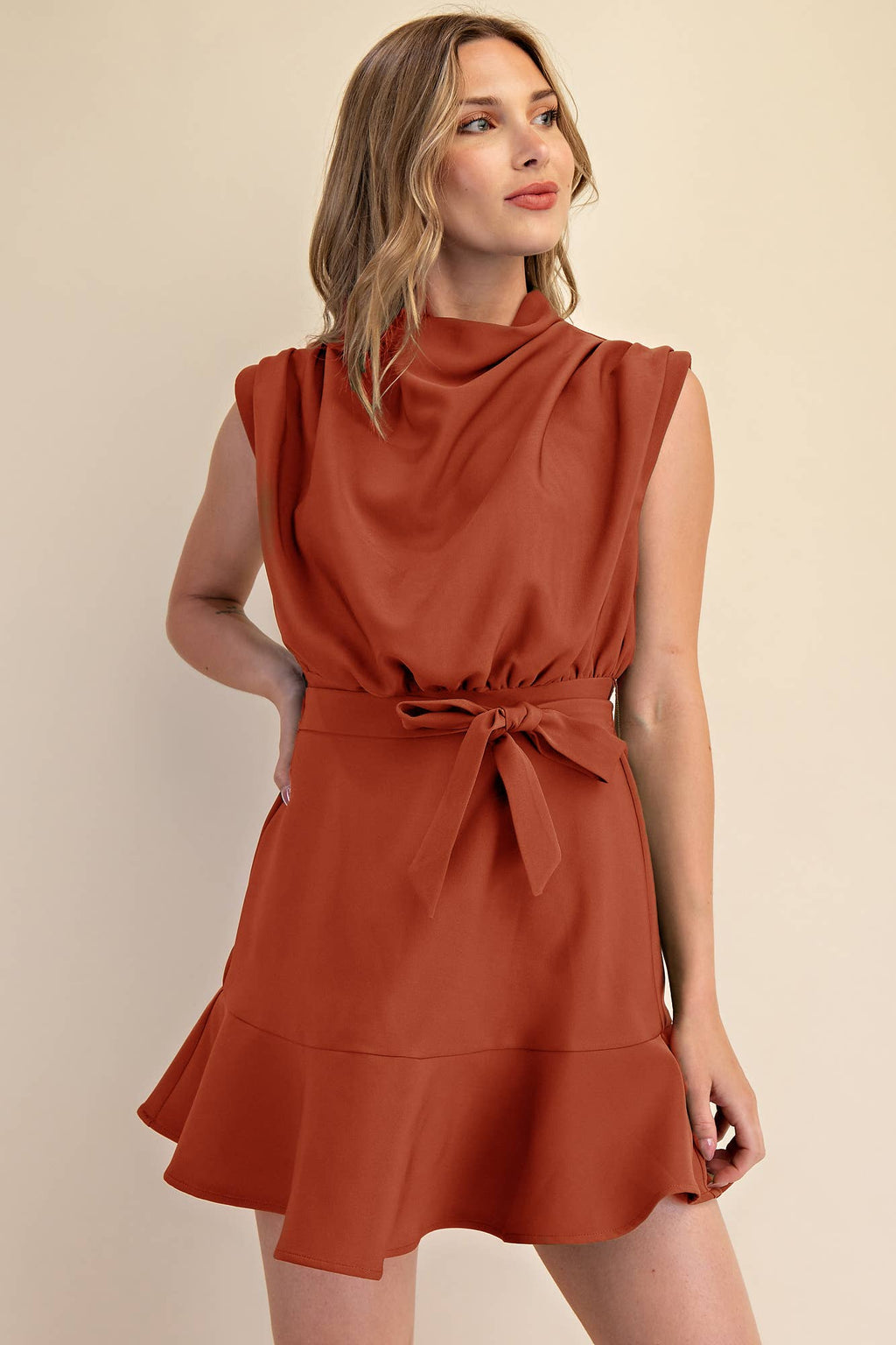 Cowl Neck Sleeveless Waist Tie Fall Mini Dress