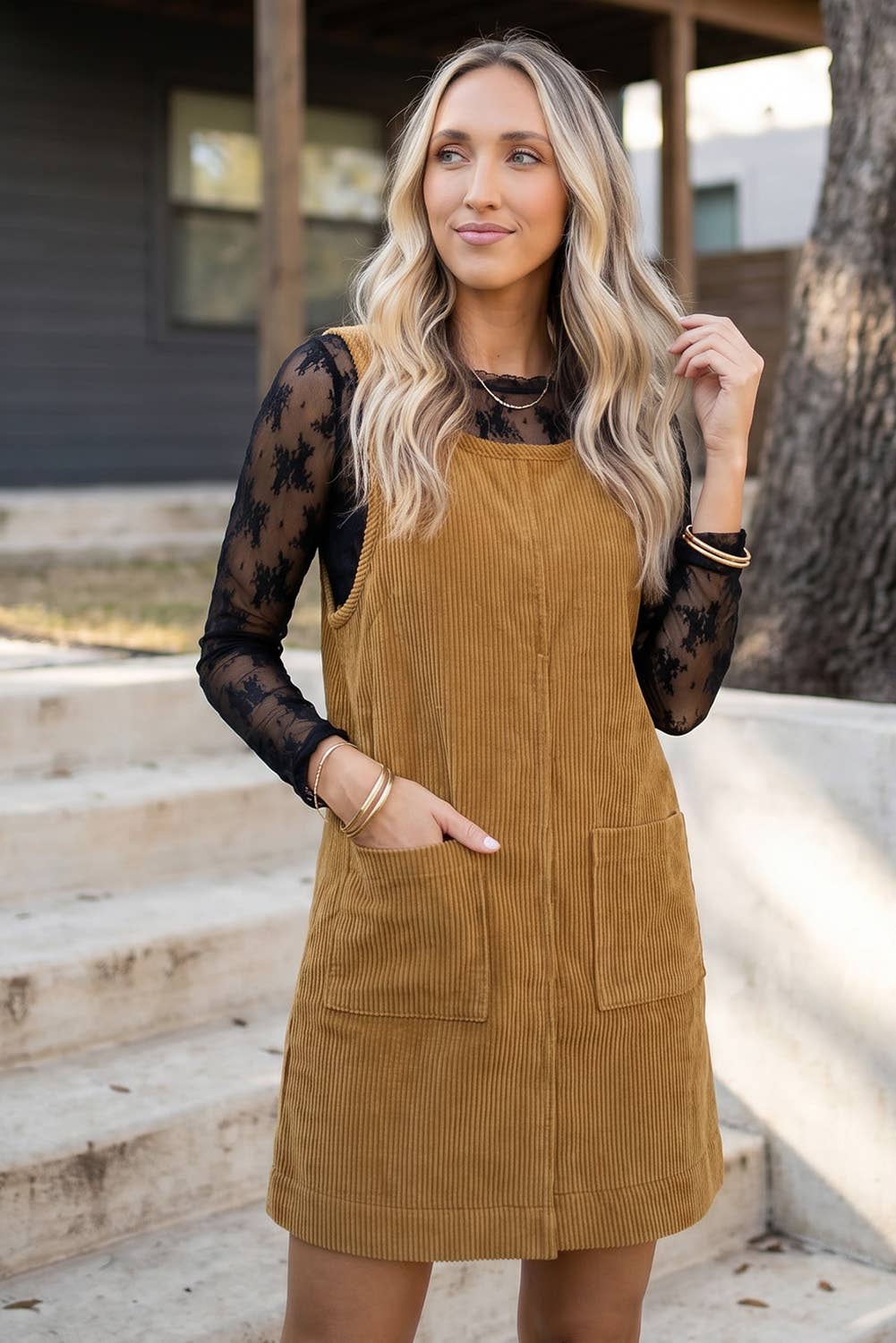 Corduroy Sleeveless Mini Dress With Patched Pockets (S-4X)