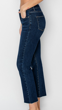 MID RISE RAW EDGE HEM STRAIGHT JEANS Dark