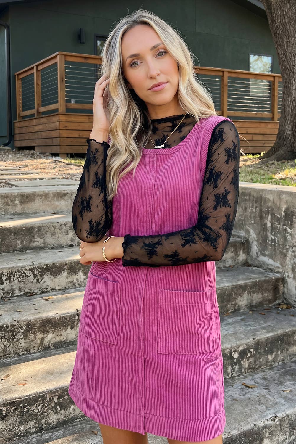 Corduroy Sleeveless Mini Dress With Patched Pockets (S-4X)