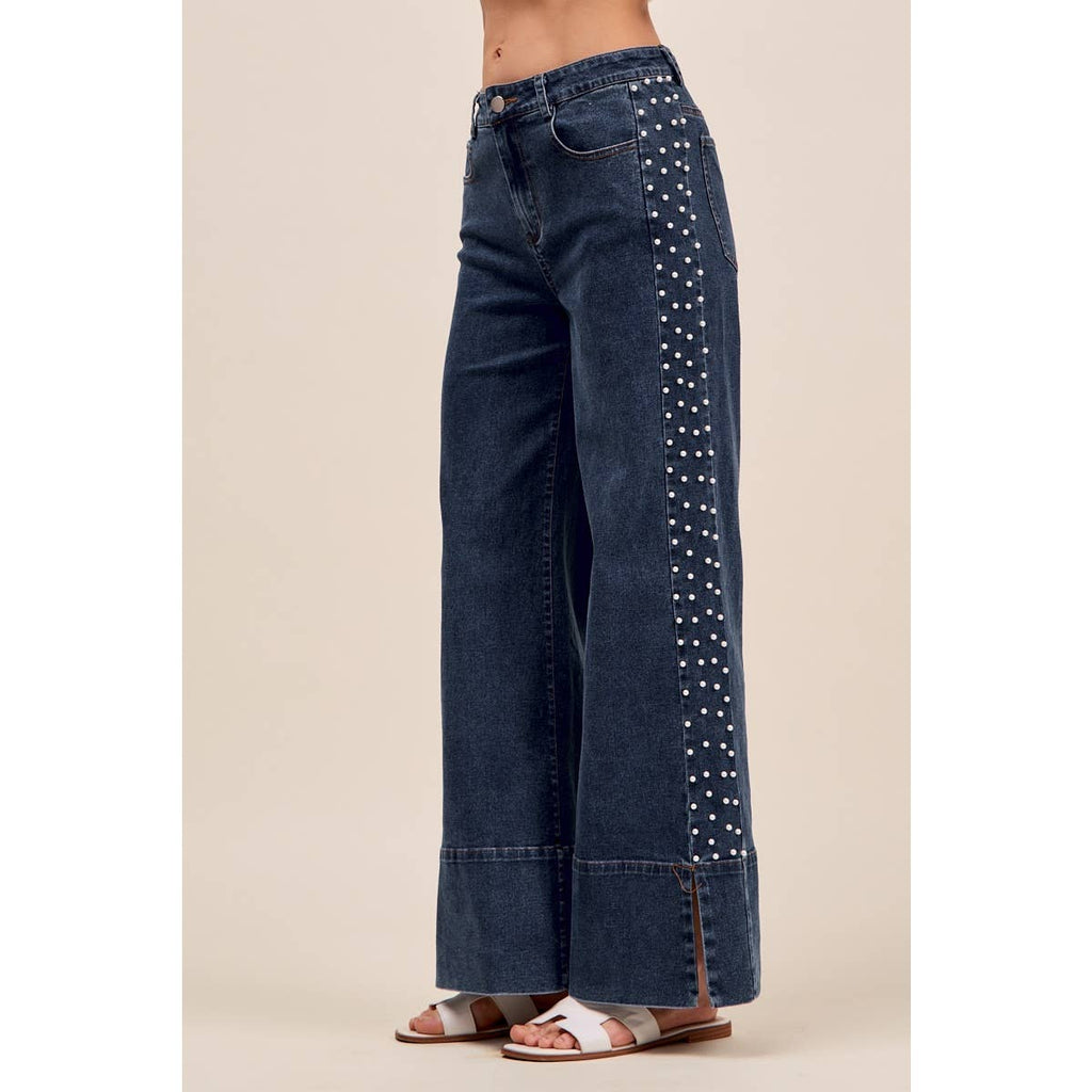 MID RISE FLARE BOTTOM DENIM JEANS WITH SIDE PEARL