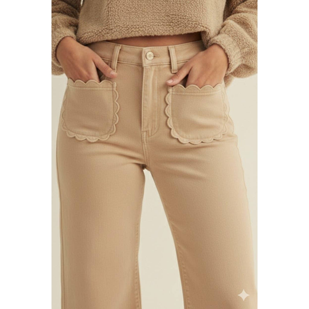 Stretch Mid Rise Scallop Poket Wide Leg Pants