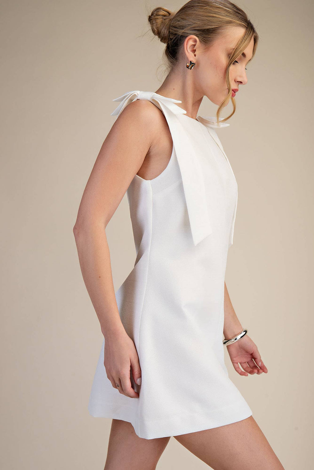 Bow Sleeveless Textured Mini Dress