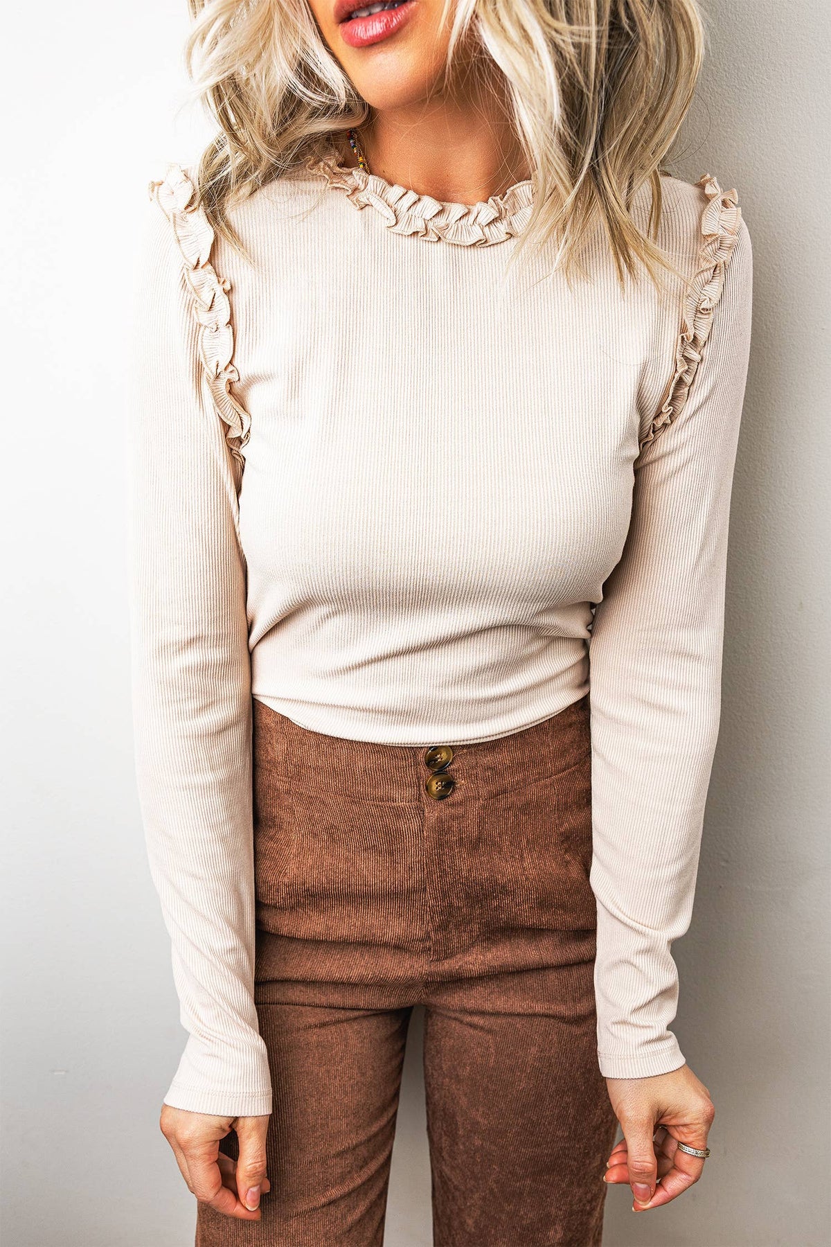 LDC Solid Color Round Neck Frill Detail Long Sleeve Top