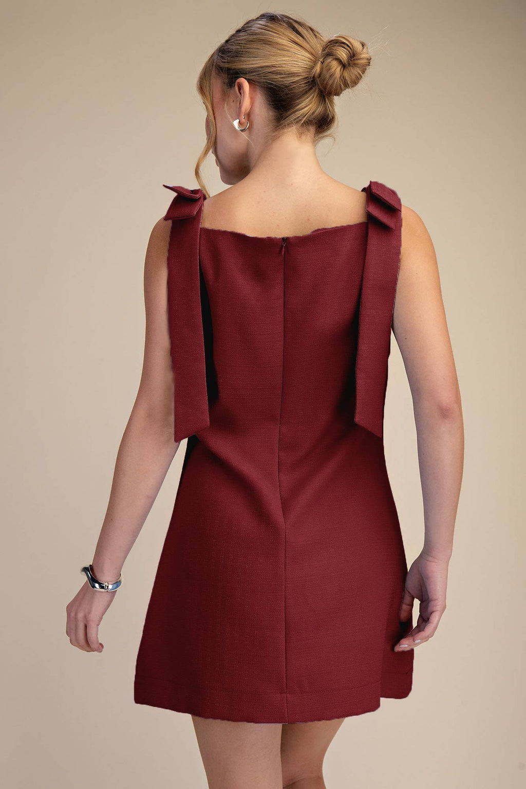 Bow Sleeveless Textured Mini Dress